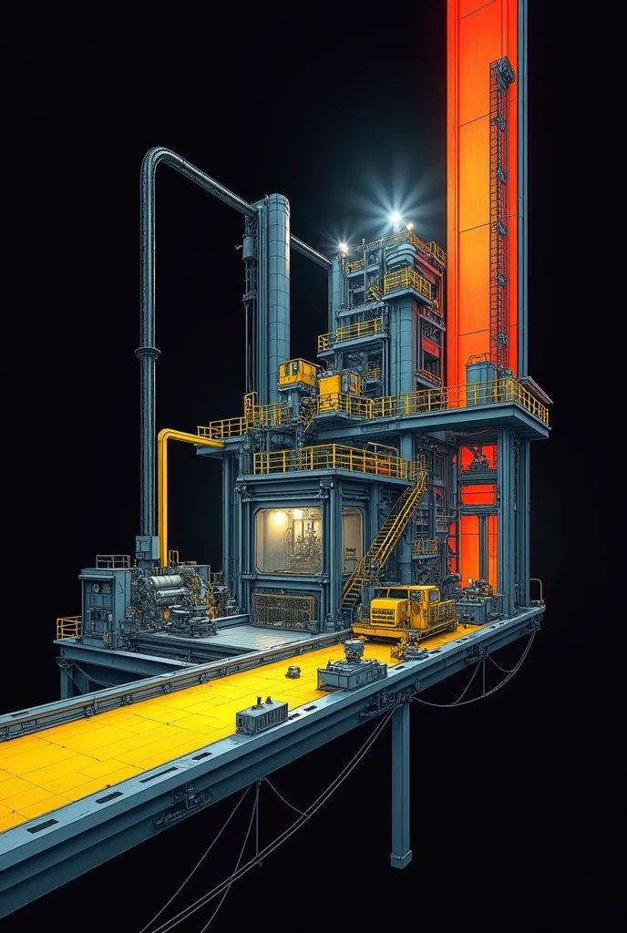 cutaway illustration of a large factory. Inside the factory, show a machine installed. black background with two lines, 1 yellow and 1 red
