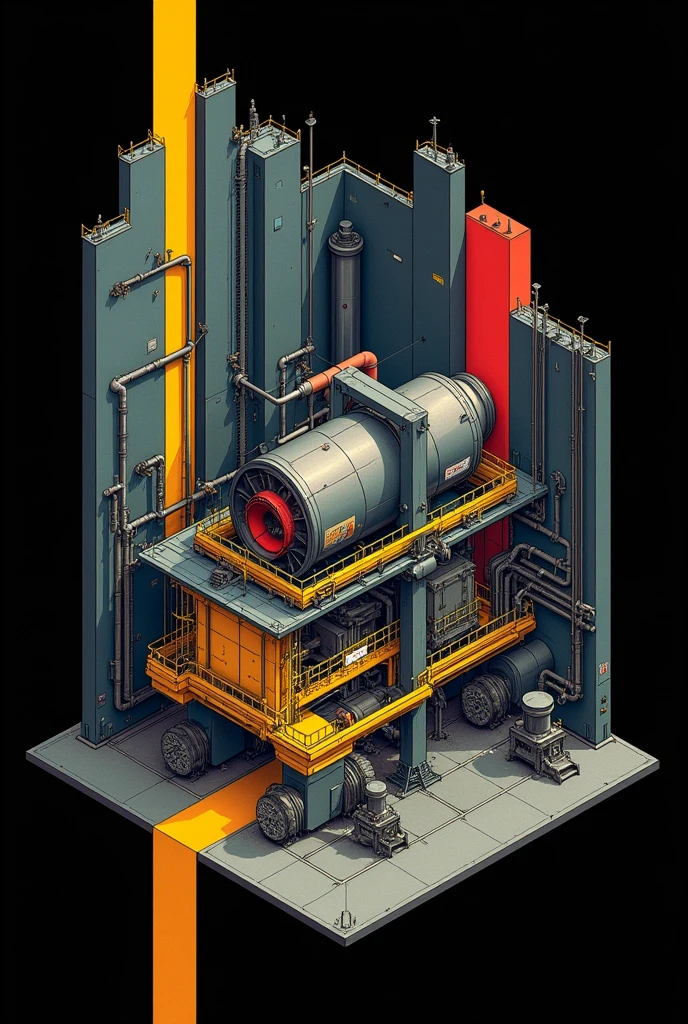 cutaway illustration of a large factory. Inside the factory, show a machine installed. black background with two lines, 1 yellow and 1 red
