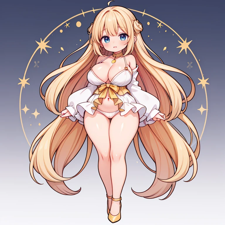 Anime Kawaii sexy Perfect Slim sensual body large breast and huge thighs, An intricate and highly detailed illustration of anime (Young girl) An extremely beautiful stunning woman with a perfect busty body, gold blonde long silky hair, big blue eyes, extremely super bright snow white fair stunning flawless glowing lush shiny flawless white skin, a perfect tight hourglass figure, and a skinny waist, sexy thick smooth luscious legs, and thighs, extremely cute smile on the face, bright pink blushes on cheeks, wearing a tight knee-length white floral dress, pink off-shoulder sweater, yellow heels, gold necklace on the neck, gold anklets on feet, gold chain on the waist, standing straight, holding a chocolate bar, garden in the background, show full body from head to feet.