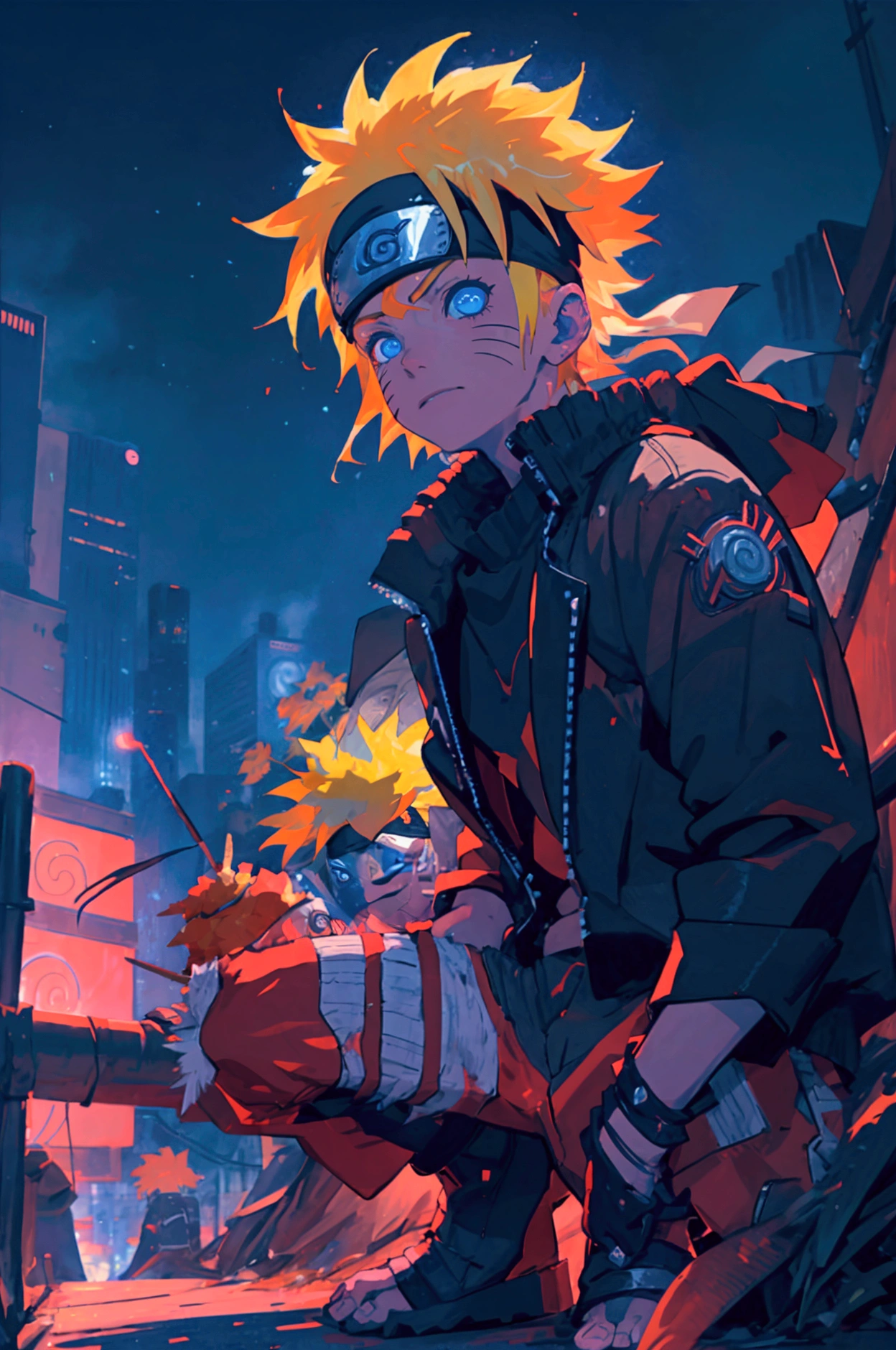 portrait, neon, 1 boy, shonen style, spiky blonde hair, scratches on cheeks, black and red clothing, leather jacket, jeans, boots, bandana with leaf symbol, perfect eyes, cool, blue eyes, full body, color --name Naruto Uzumaki --night background city with futuristic buildings and holograms