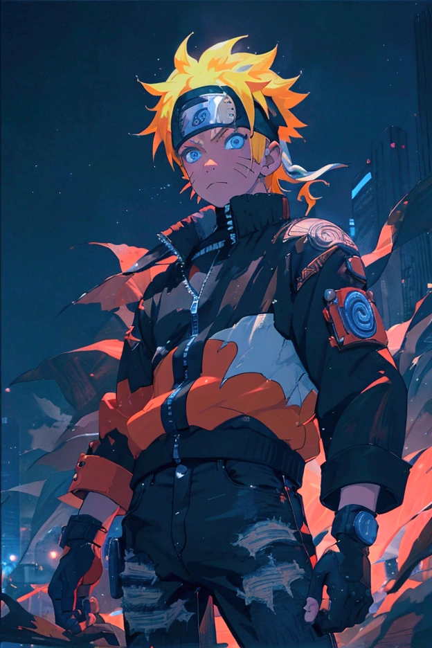 portrait, neon, 1 boy, shonen style, spiky blonde hair, scratches on cheeks, black and red clothing, leather jacket, jeans, boots, bandana with leaf symbol, perfect eyes, cool, blue eyes, full body, color --name Naruto Uzumaki --night background city with futuristic buildings and holograms
