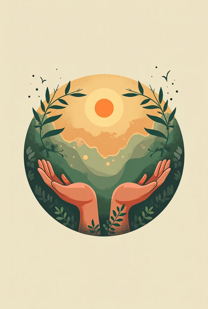 Circle logo for friendmetwin. Symbol for willing to listen people and emphaty, with warm, strong, authentic, and easy to remember symbol and colour, bring strong green and brown into the colour, boho nuance, no added hand or human