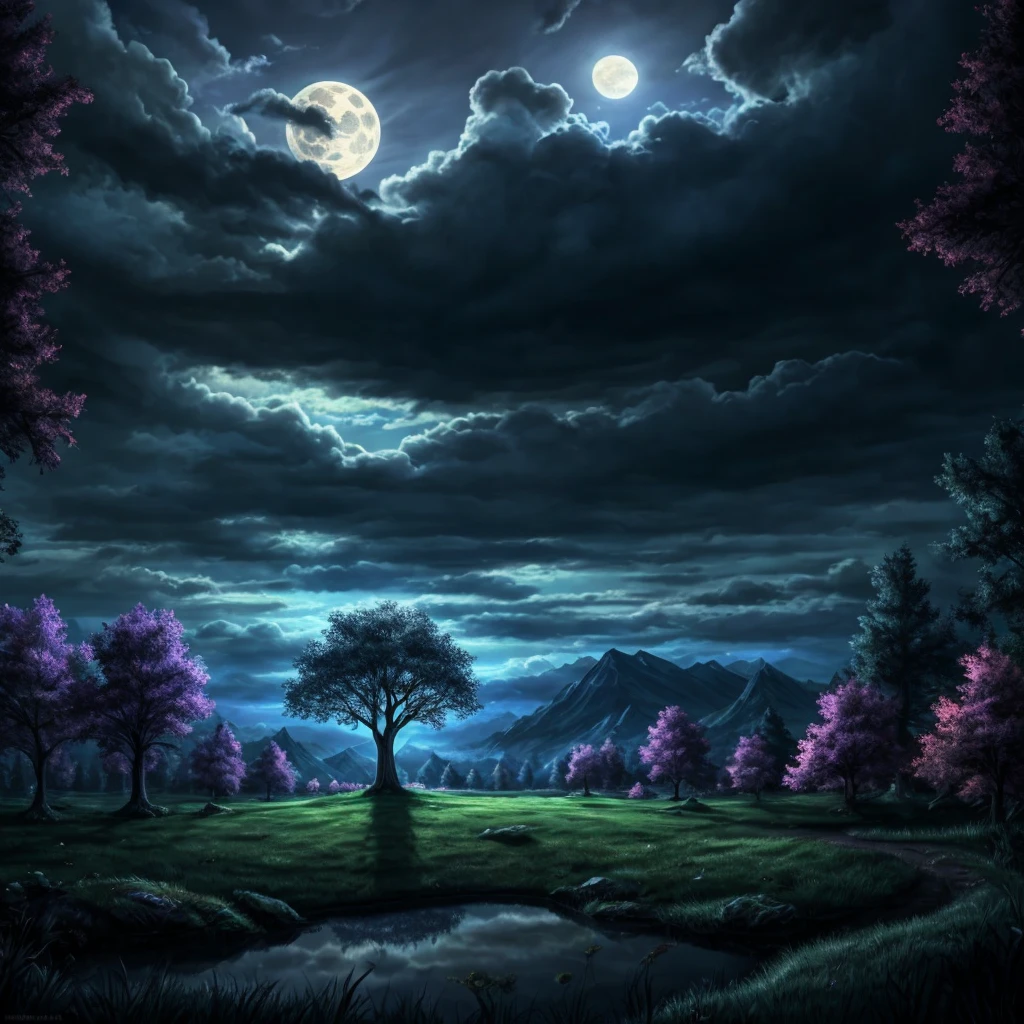 Azure clouds gleam upon the grass of the earth, a full moon, giant clouds beyond description, a truly fantastical scene, blue lights reflecting on the grass, dark trees, a blue light in the mountain that pierces through the clouds, on which sits the mythical tree of immortality, with its fantastical trunk and beautiful leaves, a cinematic scene full of light. .High resolution, luminous insects