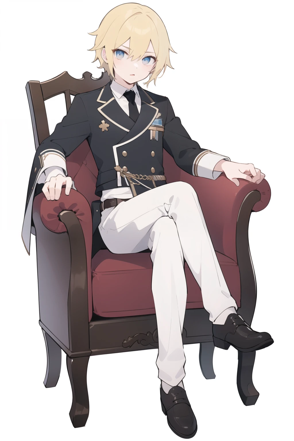 (best quality), (masterpiece), (Detailed lighting),(Extremely refined), (White background:1.4), One male teenager, Western knight noble attire,short hair,Color eyes,sit on the chair,Cross your legs,The corners of the mouth slightly raised,full-body shot,Correct anatomy