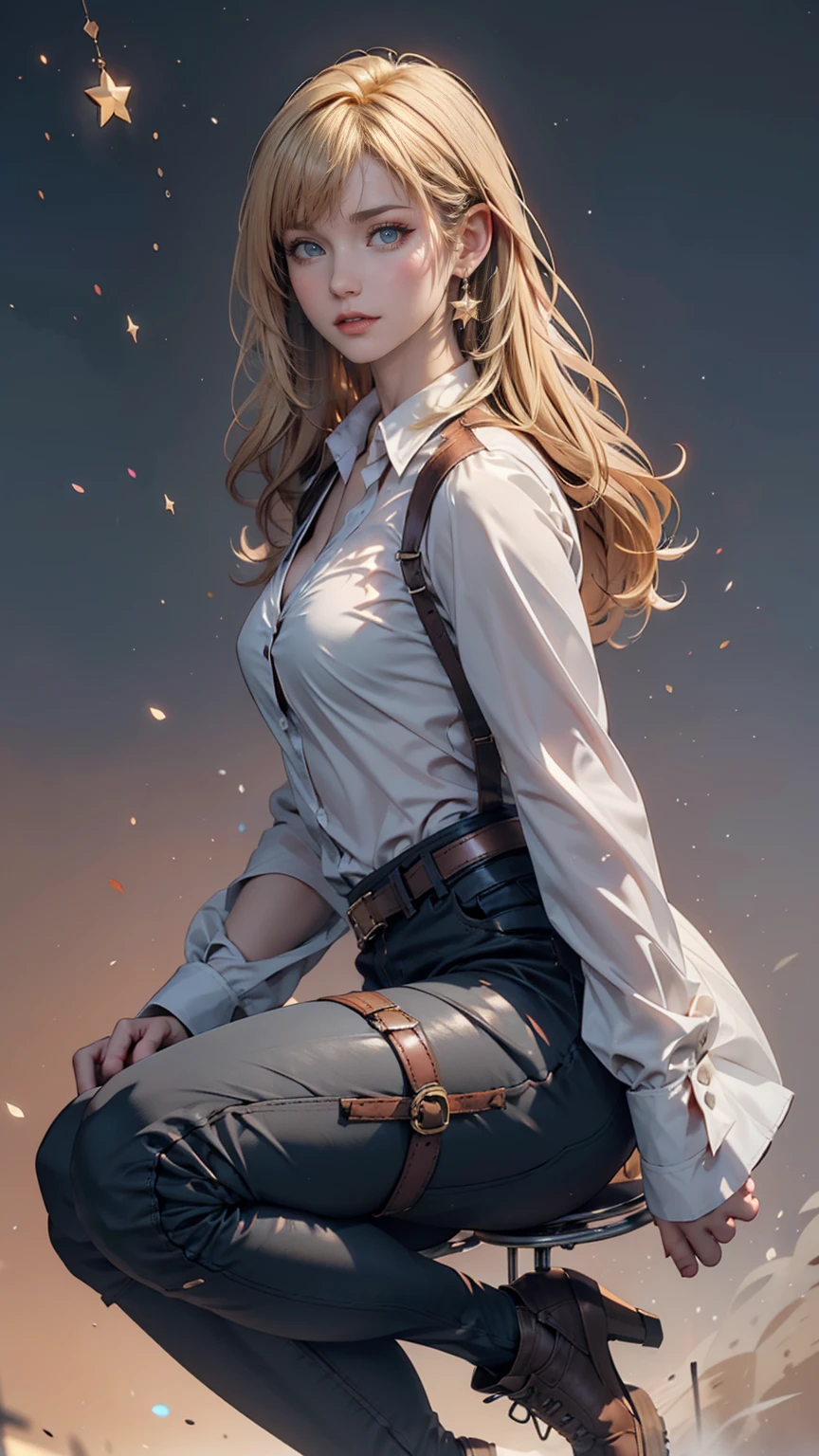 Ah Style, shingeki no kyojin,, , Krista Lentz,, One person, belt, belt buckle, Blonde, blue eyes, Brown footwear, brown pants, buckle, chest belt, collared shirt, diamond (shape), Floating Hair, From the side, whole body, Gray background, Hair between the eyes, Place your hands on your thighs, Long Hair, Long sleeve, Future outlook, with own hands, pants, Lips parted, shirt, shoes, Sitting, alone, Shine, star (symbol), Thigh straps, white shirt, , , ((masterpiece)), Highest quality, ,