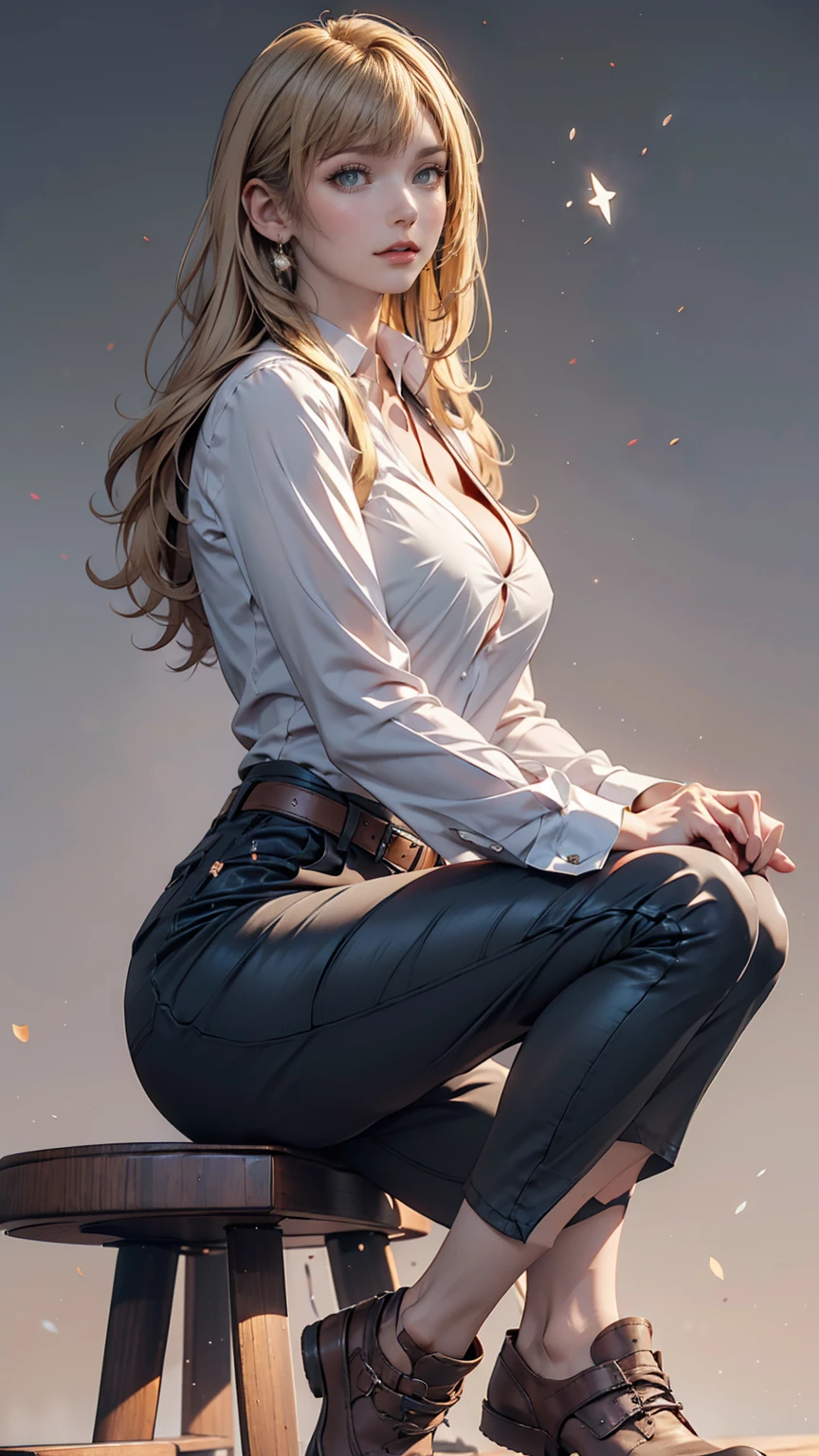 Ah Style, shingeki no kyojin,, , Krista Lentz,, One person, belt, belt buckle, Blonde, blue eyes, Brown footwear, brown pants, buckle, chest belt, collared shirt, diamond (shape), Floating Hair, From the side, whole body, Gray background, Hair between the eyes, Place your hands on your thighs, Long Hair, Long sleeve, Future outlook, with own hands, pants, Lips parted, shirt, shoes, Sitting, alone, Shine, star (symbol), Thigh straps, white shirt, , , ((masterpiece)), Highest quality, , 