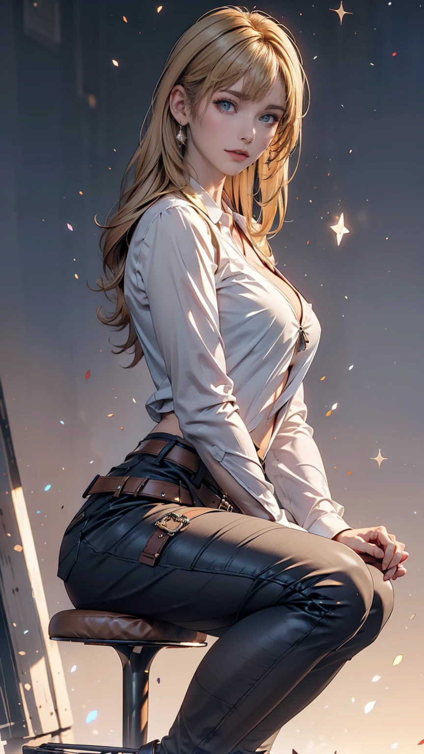 Ah Style, shingeki no kyojin,, , Krista Lentz,, One person, belt, belt buckle, Blonde, blue eyes, Brown footwear, brown pants, buckle, chest belt, collared shirt, diamond (shape), Floating Hair, From the side, whole body, Gray background, Hair between the eyes, Place your hands on your thighs, Long Hair, Long sleeve, Future outlook, with own hands, pants, Lips parted, shirt, shoes, Sitting, alone, Shine, star (symbol), Thigh straps, white shirt, , , ((masterpiece)), Highest quality, ,