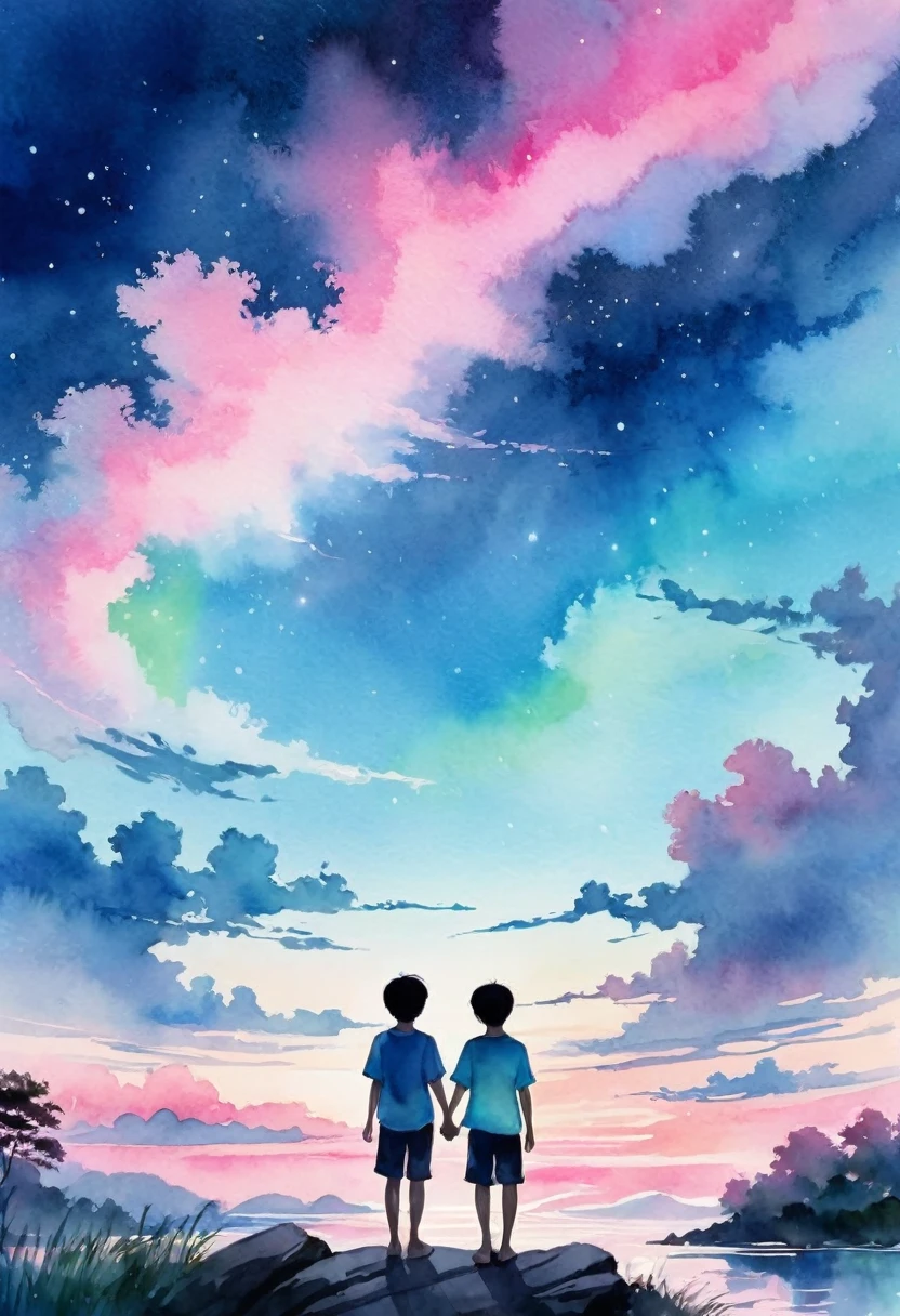 ((masterpiece))((fair))((actual))Baiyun, Blue sky and pink aurora,Size 4MB，Serene and refreshing，It's a light watercolor style(It has a summer vibe)，Two boys holding hands in the background，It feels youthful(Silhouette)