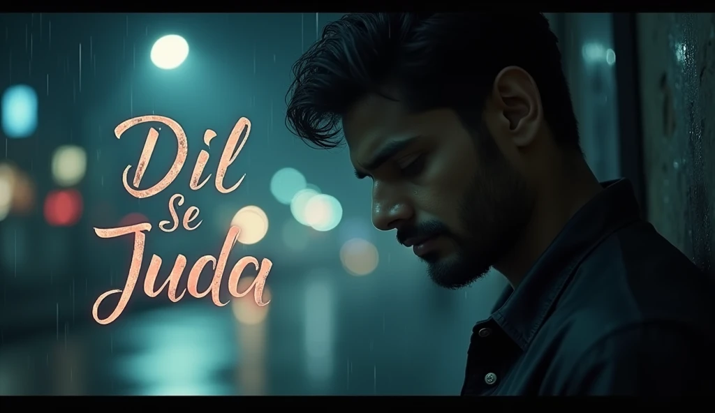 

**"A melancholy Bollywood-themed thumbnail featuring a close-up of a man with teary eyes, looking downwards in sorrow. The background shows a dimly lit, rain-soaked city street with blurred lights, symbolizing loneliness. The title 'Dil Se Juda' is prominently displayed in elegant, cursive Hindi script at the top, with a soft glow around it. The overall color palette is muted with deep blues and greys, highlighting the sadness and emotion. Raindrops are gently falling, adding to the melancholic mood."**

