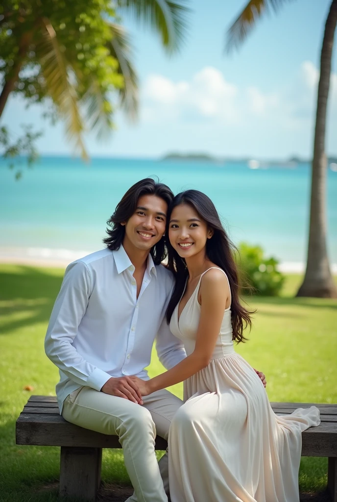 A portrait of a young Indonesian man with long straight shoulder-length hair wearing a long white slim fit shirt and a beautiful young woman wearing a long dress leaning on the man.,sitting on a bench in a beautiful park by the beautiful beach,Blue sky,Face forward to the camera,smile