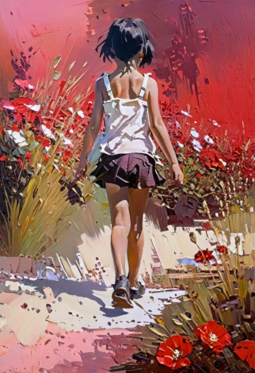 (A girl of about 5 years old with unkempt black hair.:1.2)、Spread your hands to the sides、Spread your legs、A painting blocking the progress of a large 1panzer approaching directly ahead from the back.、Big 1panzer background、red and black gradient sky color、Low light、The smallest white flower in the foreground、Apparently the girl is blocking the small flowers from being run over by 1panzer.、intricate and intense Oil paints, Abstract Painting, intricate Oil paintsing artwork, Vadim Kashin、Realistic, gives the viewer a detailed impact, a portrait painted with oil paint, , intricate and wet Oil paints, Oil paints, New art beyond dimensions,  Only the back view, Ryan Hewett、bichu、oil paintin、A three-dimensional painting、super masterpiece、Ultra high definition、vivid colors、