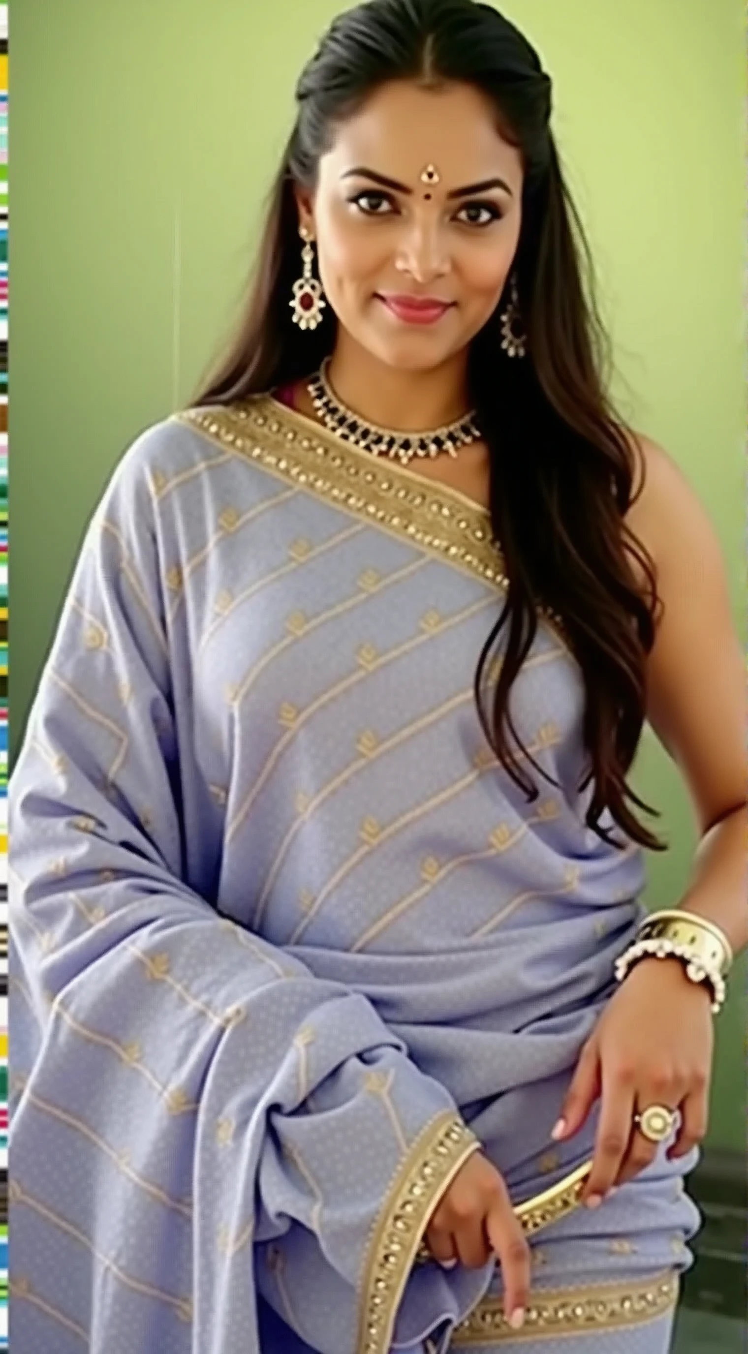 a tall and beautiful Indian actress in saree carrying a large man over her head