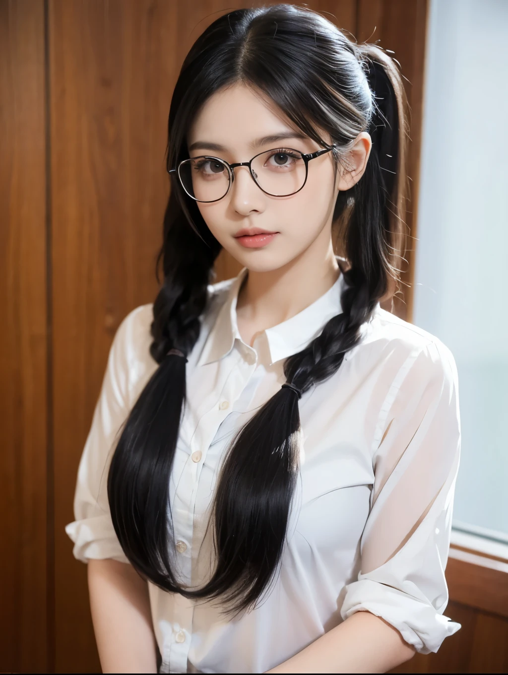 masterpiece,glasses, busty, school, Best quality at best, high qulity, OLGA_mary, black hair, twintail hair, hair between eye, (nude), Very long hair.