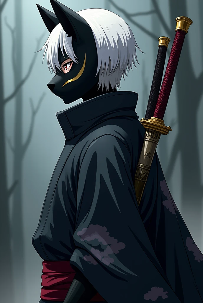 male anbu short white hair sideview, wearing akasuki robe, with a 2 handed sword at back. wearing black fox mask with gold line eye, no eyeball, anime
