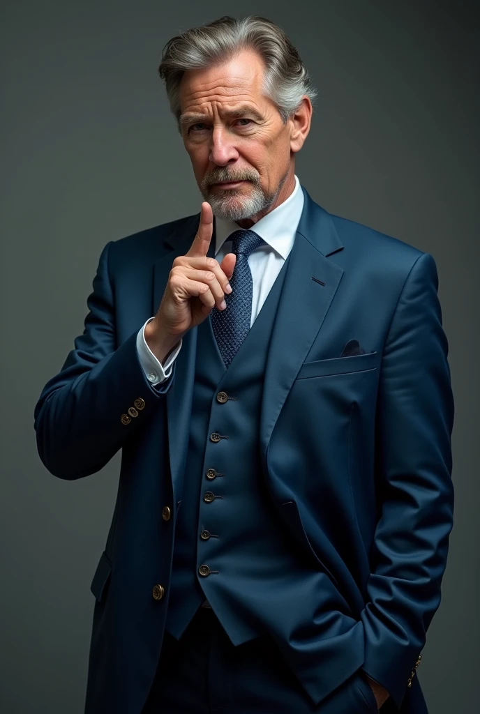 age of a gentleman wearing blue three pieces without head helding finger like show to be silent