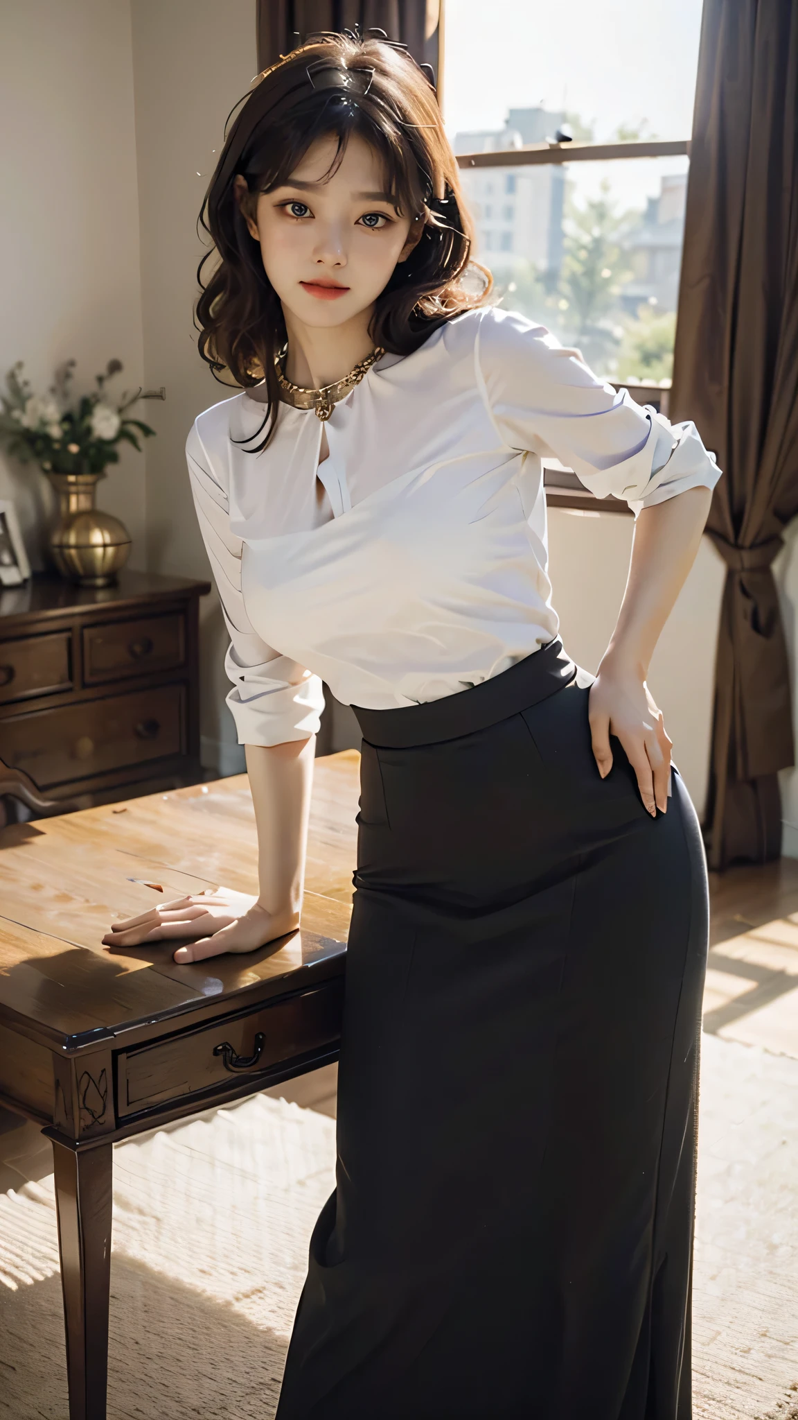 detailed background, masterpiece, best quality, 1 person , curly hair, long hair, purple eyes, star in eye ,small breast lime green blouse, long skirt, looking at viewer, wooden furniture behind, indoor,y poses,gold jewellery