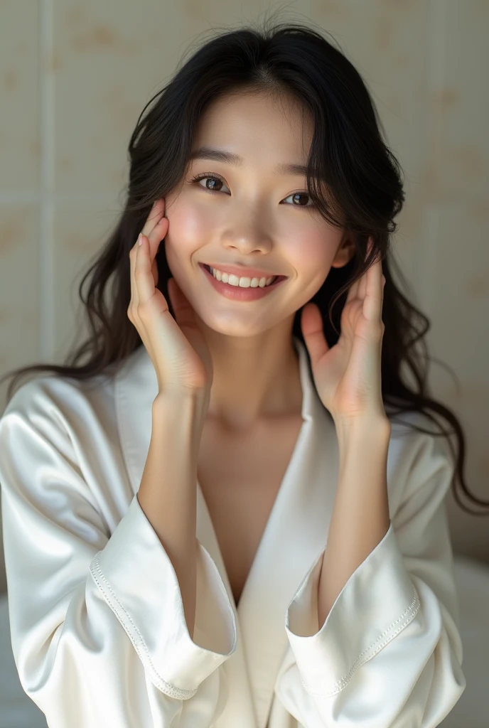 Create a beautiful woman with Asian features.，Regular facial features，Wearing a white satin bathrobe，Running both hands through their hair，Open your eyes，The expression is happy，Upper Body，The characters are realistic and realistic，Bathroom Background，Character front position，9:16 frames，Ultra-high-definition picture quality