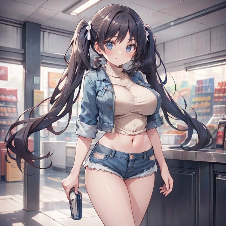 Anime Kawaii sexy Perfect Slim sensual body large breast and huge thighs, An intricate and highly detailed illustration of anime (Young girl) ((perfect anatomy, super detailed skin)), 1 girl, japanese, , shiny skin, watching the view,
beautiful hair, beautiful face, beautiful detailed eyes, (long hair:1.4, twintail:1.6), (babyface), large breasts:0.5, seductive arms, seductive thighs,
((sweater, denim shorts, denim jacket)),
(smile), walking,
(beautiful scenery), inside convenience store,
(8k, top-quality, masterpiece, extremely detailed), (photorealistic), beautiful illustration, cinematic lighting,