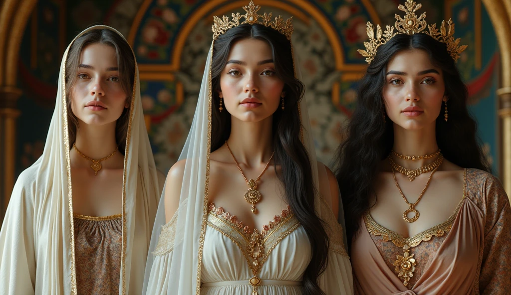 Standing side by side facing forward、The beautiful Virgin Mary、Beautiful Cleopatra at 20、The beautiful 20-year-old Queen Victoria