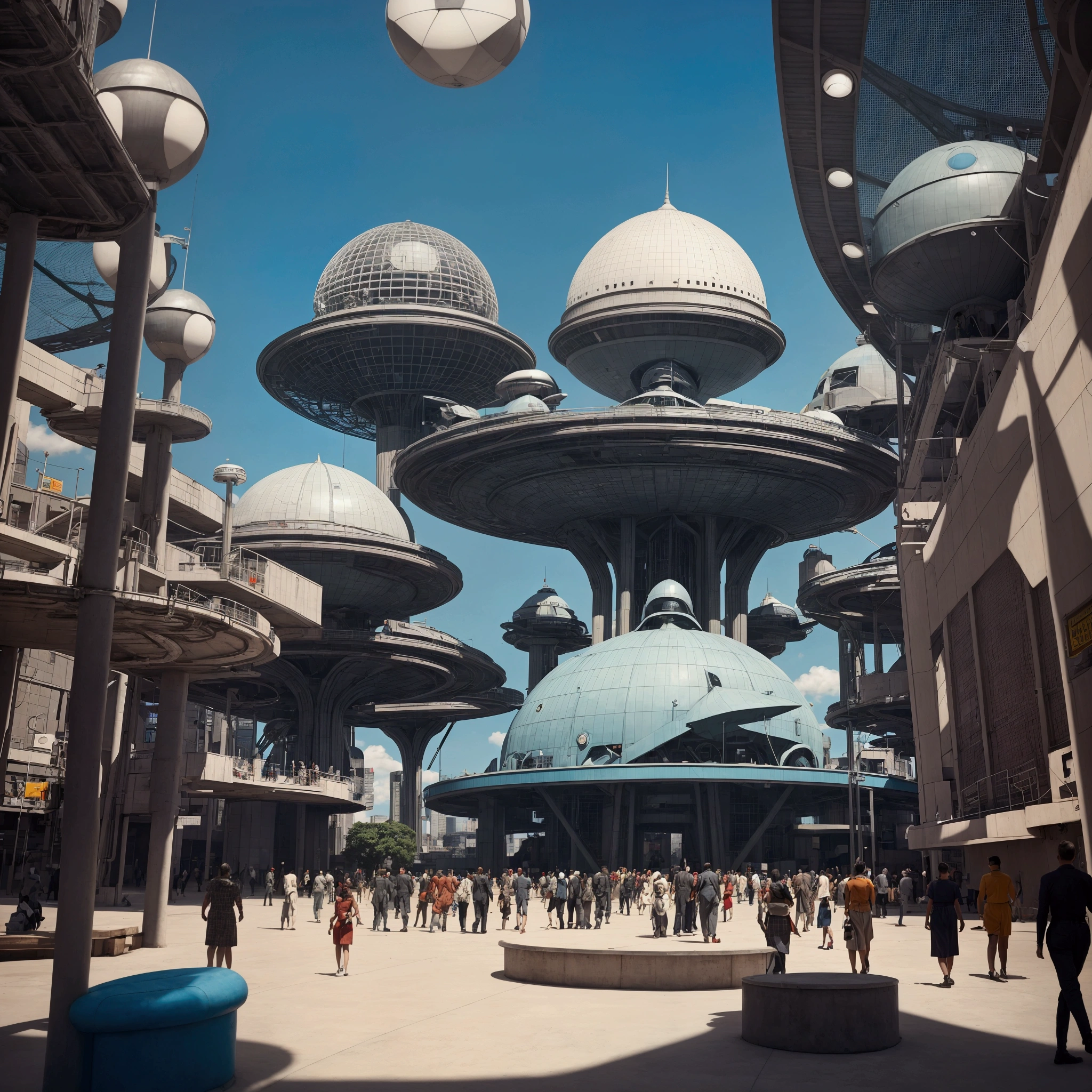 Assembly dome seen from the outside, in a retro-futuristic 1950s style. In the background is a retro-futuristic city. And the walls feature geometric patterns and futuristic murals. The atmosphere is hectic, capturing the energy and diversity of this imagined society. The overall scene combines vintage futuristic design with a sense of community and readiness for adventure.