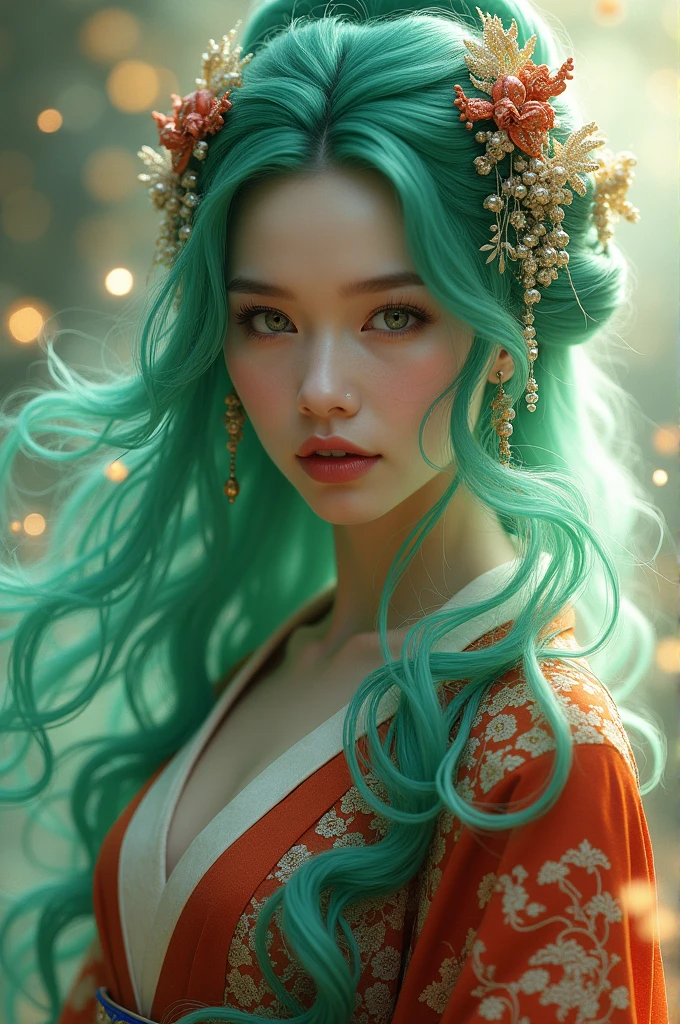 Beautiful woman with long green hair, curled hair, wearing a kimono and hair ornaments.