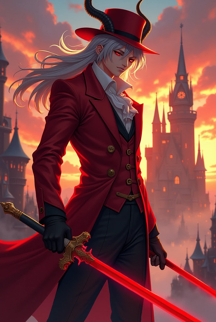  half demon man,  wearing  red victorian coat, red hat, long curved horns sproutong on side of the cheeks, long silver hair, castel in background, sunset, long red glowing rapier, dueling pose, realistic, intricate details, warm colors, red mage, anime style