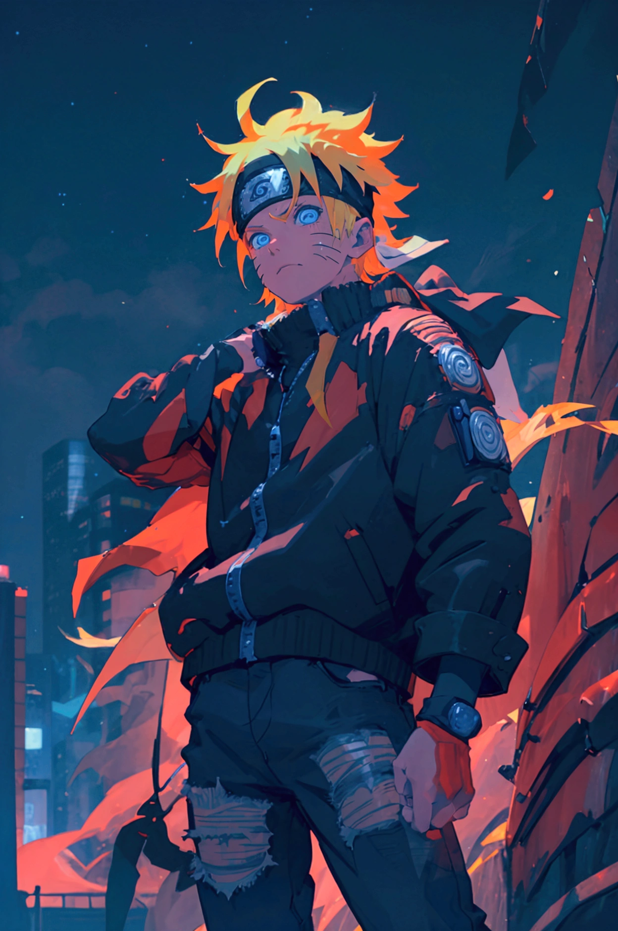portrait, neon, 1 boy, shonen style, spiky blonde hair, scratches on cheeks, black and red clothing, leather jacket, jeans, boots, bandana with leaf symbol, perfect eyes, cool, blue eyes, full body, color --name Naruto Uzumaki --night background city with futuristic buildings and holograms