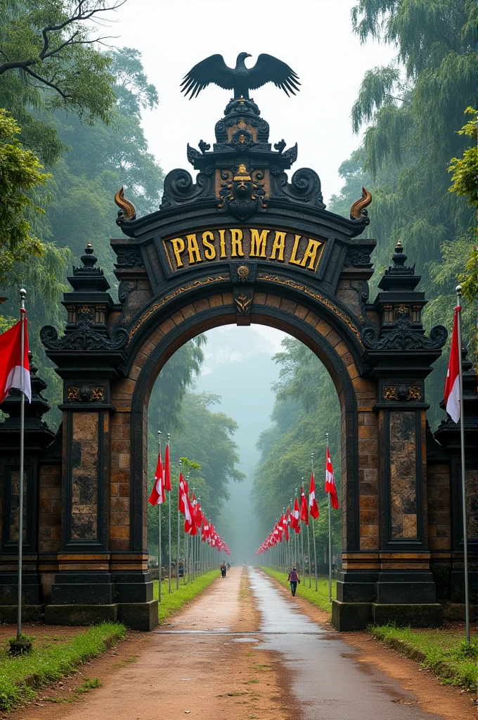 ((best quality)), ((masterpiece)), (detailed), 
A gate with the words "PASIRMALA" written on it with a Garuda bird on the top, a footpath with a forest background with many red and indonesian flags on the side of the road.