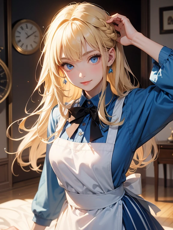 masterpiece, Highest quality, Very detailed, 16K, Ultra-high resolution, Cowboy Shot, Alice in Wonderland, (Carl Larson:1.4), , Detailed face, Mischievous Smile, blue eyes, blonde, Braiding, Long Hair, Ribbon on head, Blue clothes, Plain white apron, 大きなclockのある部屋で, clock, 壁clock