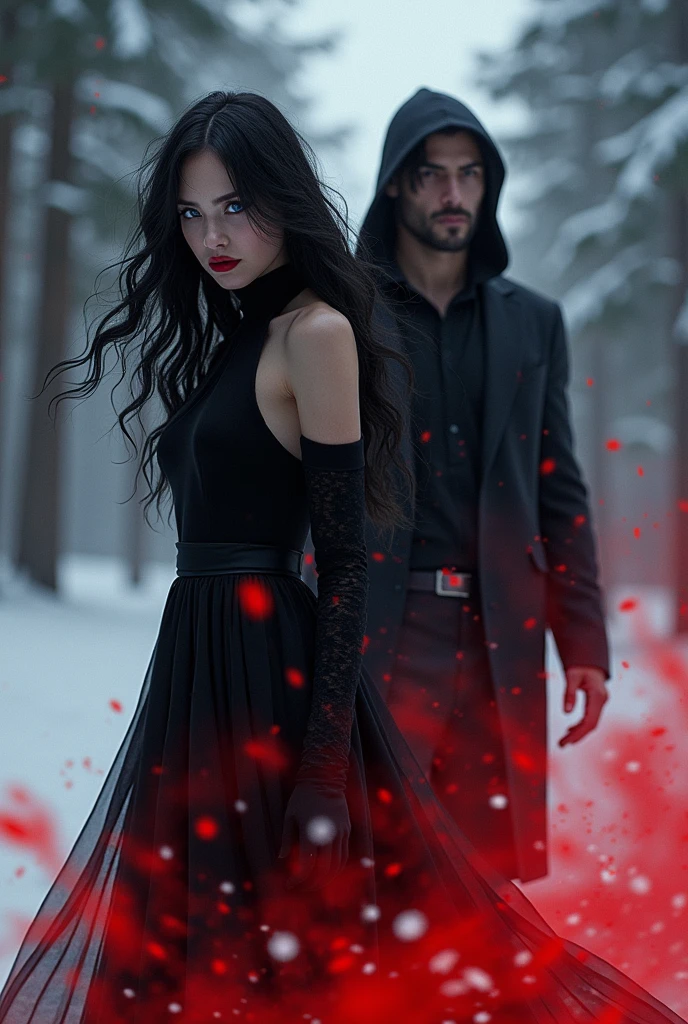 
Generate an image of a young woman, long wavy black hair, black high neck dress, blue eyes, Red lips, red energy emanating from her and her hair, in a snowy pine forest, next to a muscular young man, With a suit, medium black hair, In the background a hooded man dressed in black with his face covered