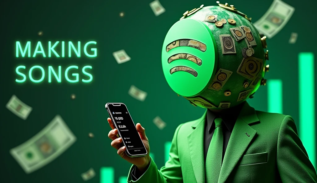 A hyper realistic details Thambline, On the left side of the image, create a Spotify logo as its head. The figure should be wearing a green suit,with only the upper half of its body visible on the screen. The figure should be holding a mobile phone in one hand, with the screen displaying a ₹2.5 lakh payment received. The figure's hand should be positioned toward the middle of the image, showcasing the phone. At the top of the image, place the large text "MAKING SONGS" in a bold, eye-catching font. At the bottom of the image, add the large text "SPOTIFY AUTOMATION" in a similar style. In the background, have a rain of Indian ₹2000 and ₹500 notes, creating a sense of abundance. Additionally, include a graph with an upward trend in green, symbolizing growth, and subtle musical notes integrated into the background to emphasize the connection to music.,