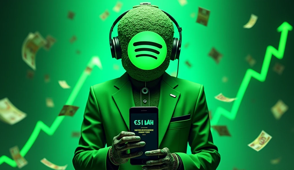 A hyper realistic details Thambline, On the left side of the image, create a Spotify logo as its head. The figure should be wearing a green suit,with only the upper half of its body visible on the screen. The figure should be holding a mobile phone in one hand, with the screen displaying a ₹2.5 lakh payment received. The figure's hand should be positioned toward the middle of the image, showcasing the phone. At the top of the image, place the large text "MAKING SONGS" in a bold, eye-catching font. At the bottom of the image, add the large text "SPOTIFY AUTOMATION" in a similar style. In the background, have a rain of Indian ₹2000 and ₹500 notes, creating a sense of abundance. Additionally, include a graph with an upward trend in green, symbolizing growth, and subtle musical notes integrated into the background to emphasize the connection to music.,