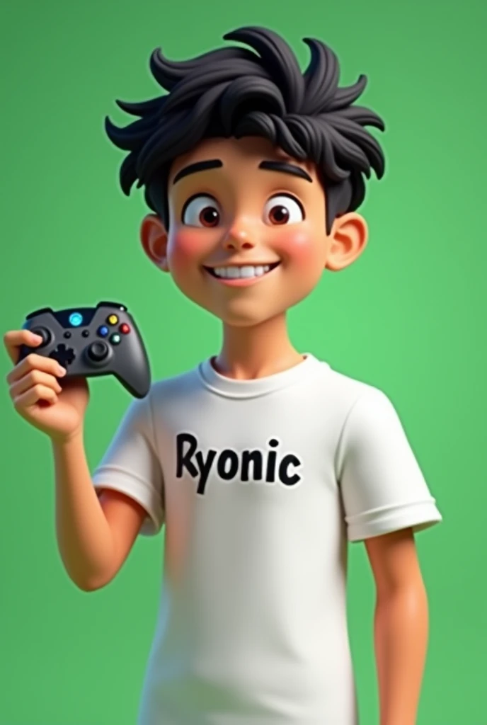 Make me the best and realistic Roblox Boy make him 13 years old his head its just like roblox make his hair black and curly a bit his shirt is white and in the there is a name that say Ryonicc and the backround its Green and hes smiling and one hand it up and he havea controller in his hand
