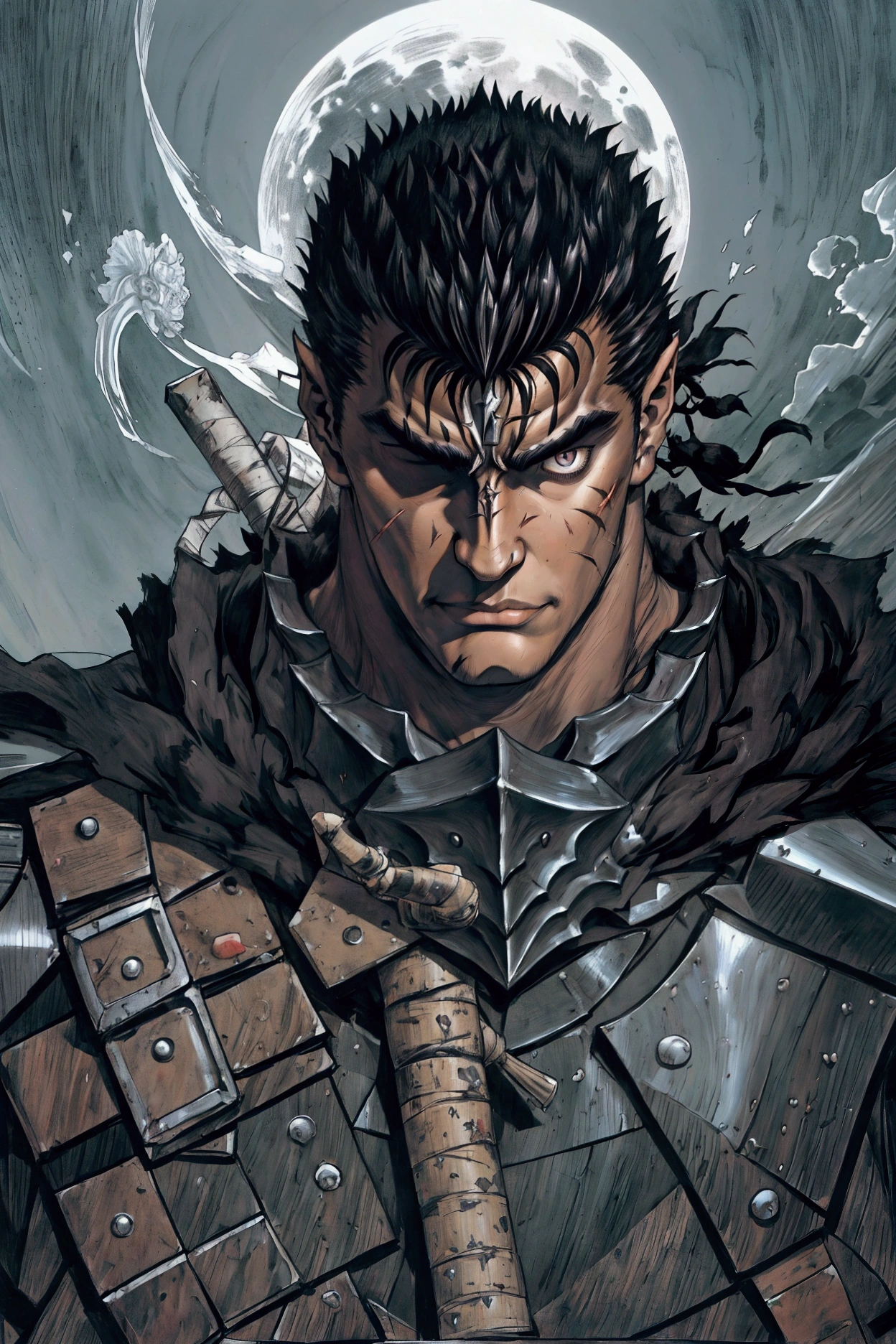 quality\(masterpiece, best quality,8k,wallpaper of extremely detailed CG unit,hight resolution,top-quality,top-quality real texture skin,hyper realisitic,increase the resolution,RAW photos,best qualtiy,highly detailed,the wallpaper\), BREAK ,solo,1boy\(guts\(berserk\),armor,(one eye\(right\) closed), scar, bandages, black hair,shiny hair,black cape,,evil, (from back:1.4)\), 1sword\(from berserk,(huge:1.4),(very big), (thick:1,3),black,\)  BREAK ,background\(dark,solar_eclipse,huge grotesque monster\(berserk\)\),japanese manga, horror mood, evil mood, monochrome, black and white, very detailed drawing, delicate drawing, fine drawing , kentaro miura style,from below