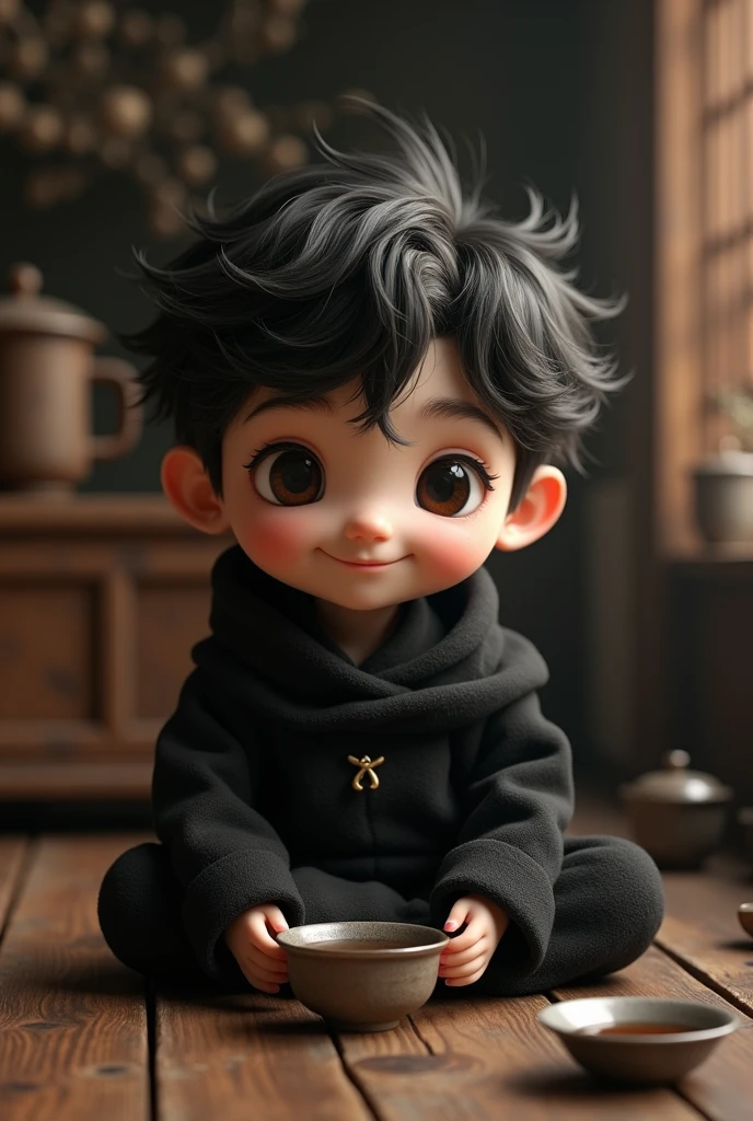 Cute humanoid boy, who loves tea and black color