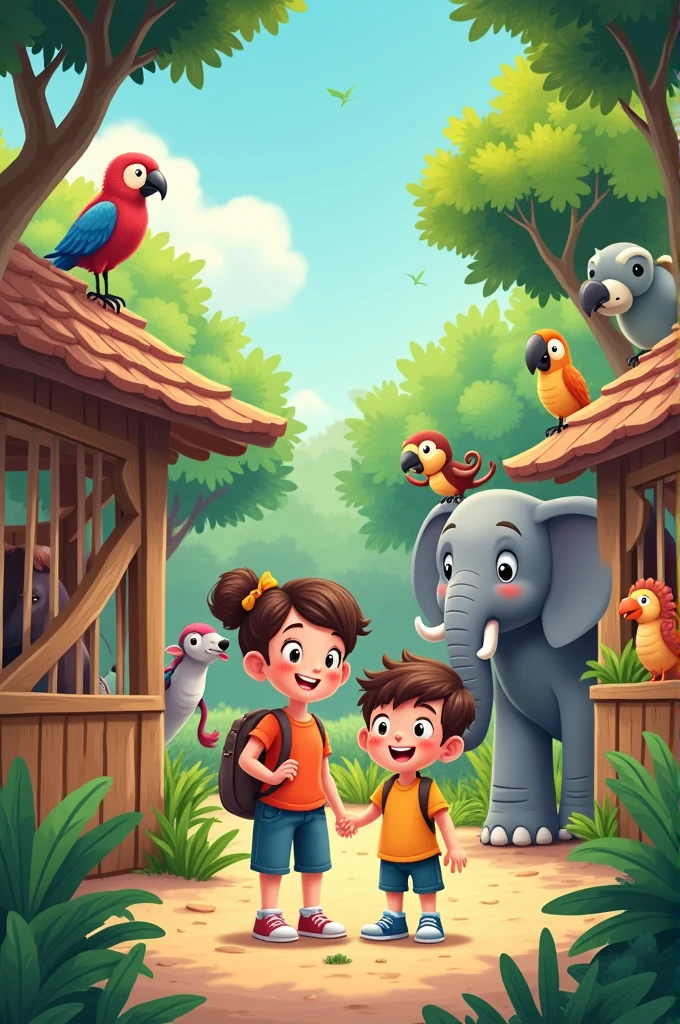 Need a consistent photo of cartoon boy and mom in home and they visit elephant, horse, monkey, crocodile, parrot, love birds in zoo cell. Cartoon image