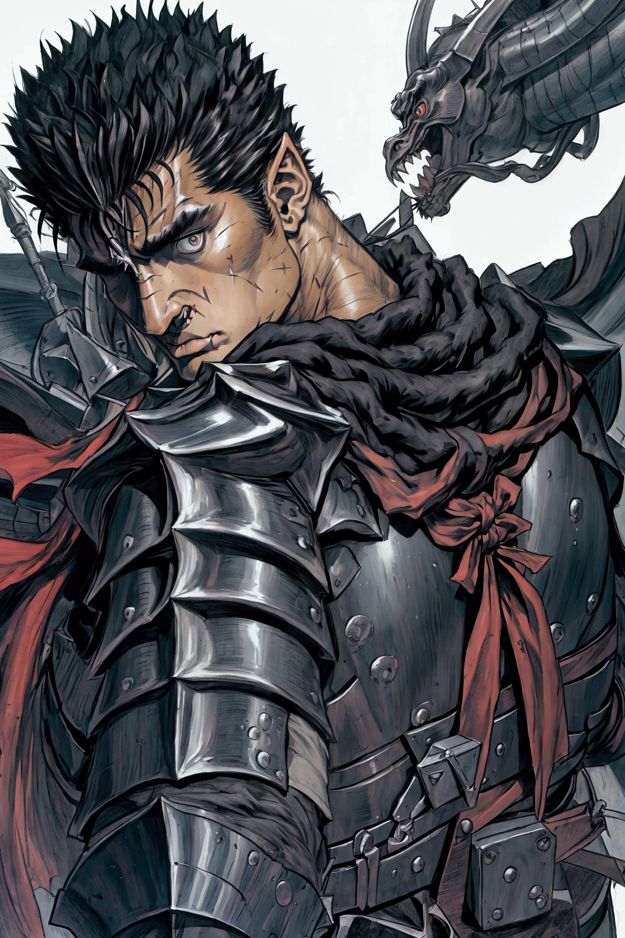 quality\(masterpiece, best quality,8k,wallpaper of extremely detailed CG unit,hight resolution,top-quality,top-quality real texture skin,hyper realisitic,increase the resolution,RAW photos,best qualtiy,highly detailed,the wallpaper\), BREAK ,solo,1boy\(guts\(berserk\),armor,(one eye\(right\) closed),holding 1sword\(from berserk,(huge:1.4),(very big:1.3), (thick:1,3),black,\), scar, bandages, black hair,shiny hair,black cape,,evil, (from back:1.4)\), BREAK ,background\(dark,solar_eclipse,huge grotesque monster\(berserk\)\),japanese manga, horror mood, evil mood, monochrome, black and white, very detailed drawing, delicate drawing, fine drawing , kentaro miura style,from below