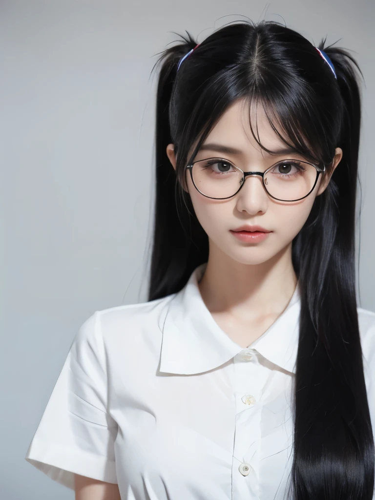 masterpiece,glasses, busty, school, Best quality at best, high qulity, OLGA_mary, black hair, twintail hair, hair between eye, (nude), Very long hair.