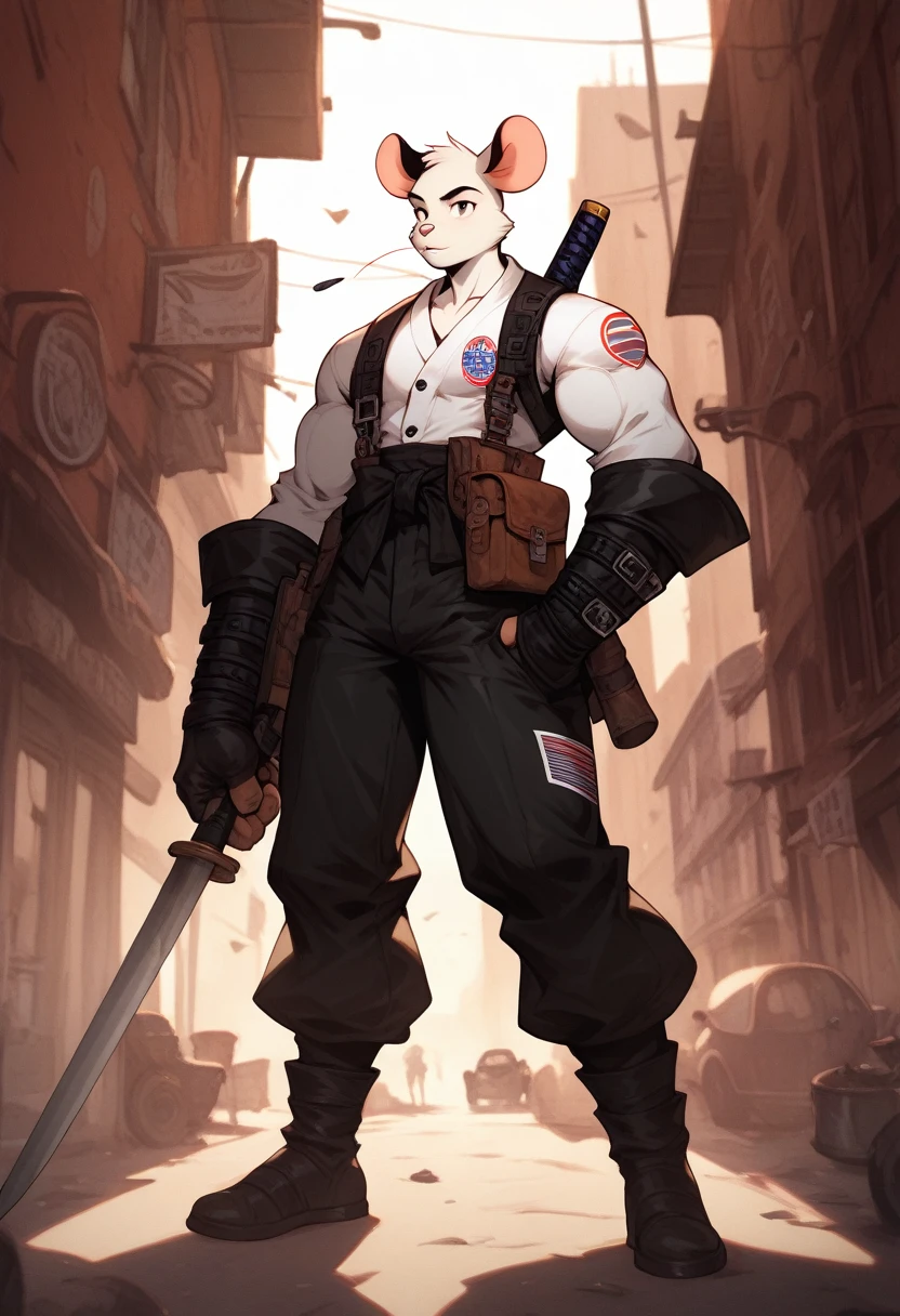 a anthropomorphic furry white mouse,mice buff,muscular man wearing a biker outfit,scars,Biker mice from mars,veteran,Vinnie,thick,young ,90’s style. He’s androgynous,equipped with some firearms weapons and a sensual ,cool expression,full body.The scene has a cool,sweet,sexual,samurai style and a vibrant tone.industrial setting in the background