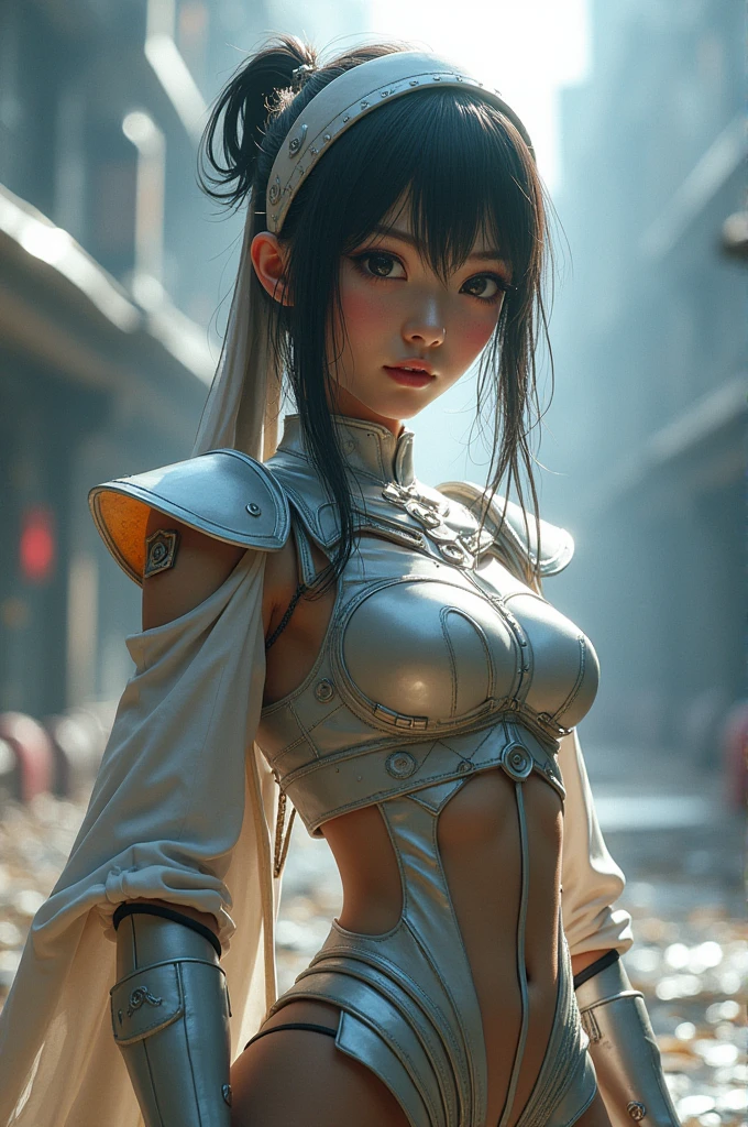 Highest quality 8K Japanese Beautiful Girl Fantastic World Futuristic costume Fantastic Background Long shot whole body Fantastic Building Fighting stance Sweat gushing forth Fight the enemy monster