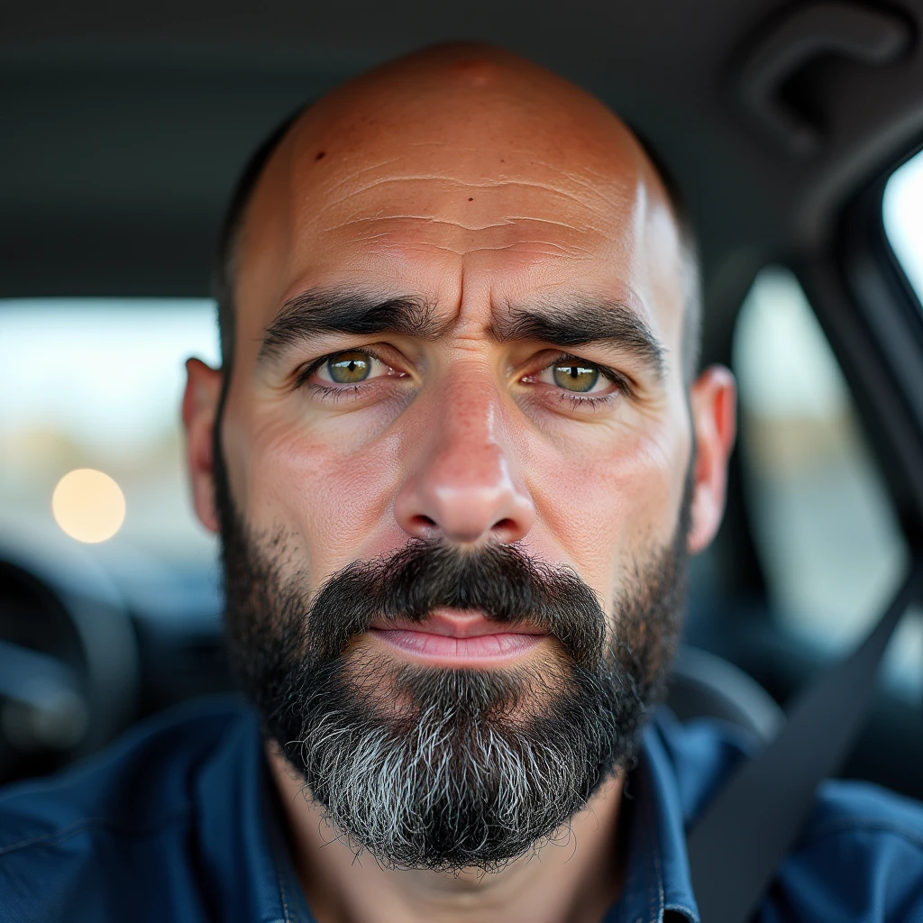 ((( masterpiece ))), (((Highest quality))), ((Very detailed)), (photograph), ((Very Rough and ugly)), High resolution, One Italian driver license with a portrait photo of a 55yo bald man. (Italian driver license is pink. He has black beard. The photo on the driver's license is a photo of the owner of the license itself. Close-up photo of a driver license. (indoor scene)