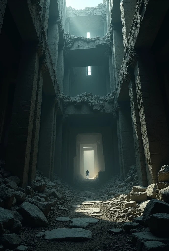 Ruins in the process of collapsing. Visibility is dark. A faint light could be seen deep within the ruins. There was an exit at the end of the light,