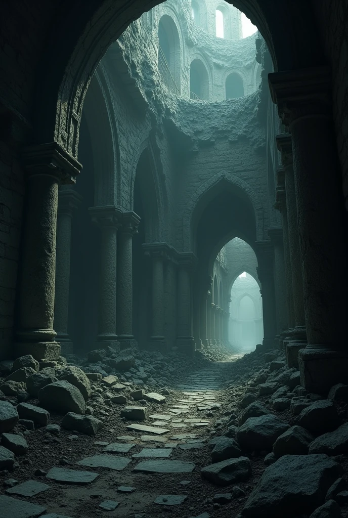 Ruins in the process of collapsing. Visibility is dark. A faint light could be seen deep within the ruins. There was an exit at the end of the light,