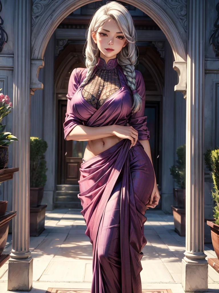 masterpiece, absurdres, meimei, 1girl, solo, smiling, mature female, wearing indian saree, purple saree,  looking at viewelling petals), perfect composition, detailed lips, big breast, beautiful face, body proportion, blush, (pink lips), white hair, braided hair, soft gaze, super realistic, detailed, photoshoot, realistic face and body, full body picture, 16k, at a flower garden, wearing high heels, standing