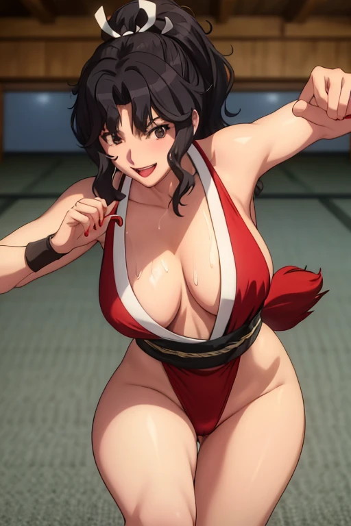 masterpiece, best quality, beautiful art, high resolution, well formed hands, body and fingers, 1 woman, solo, Kaoru Tanamachi, 31 years old, red makeup, red lipstick,adult, grown up,  cosplaying as Mai Shiranui , mai_shiranui_cosplay, adult, large and big breasted, cleavage, full body , hair ribbon, gorgeous legs and, thighs, sexy Japanese clothes, hair ornament , sexy and bare legs , hips and thighs, panties peek, fighting in a combat match, showing her fighting skills, making her guard, about to hit the viewer, looking at the viewer, panties peek, sweating, bouncing breasts, smiling joyfully and brightly, seductive face, being confident and proud, action and fighting scene, martial arts tournament on the beach
