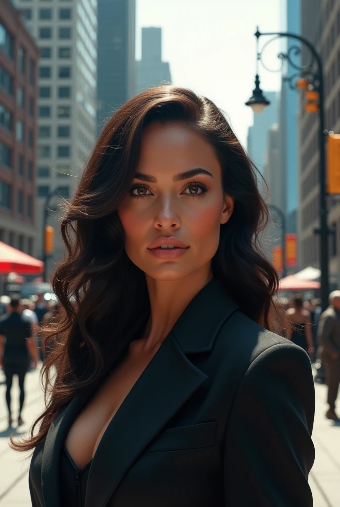 A woman who looks like Gadot in Chicago, United States, with the place well seen and realistic and she out of character.