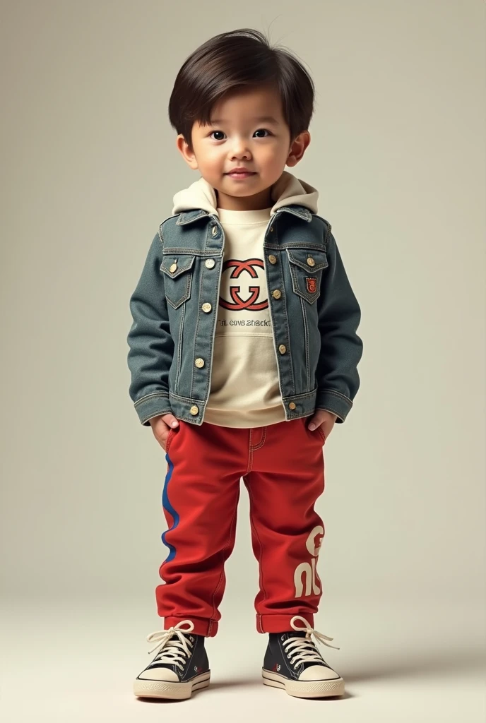 A 4 year old with a Gucci branded shirt and Emerson branded pants and retro branded shoes 4