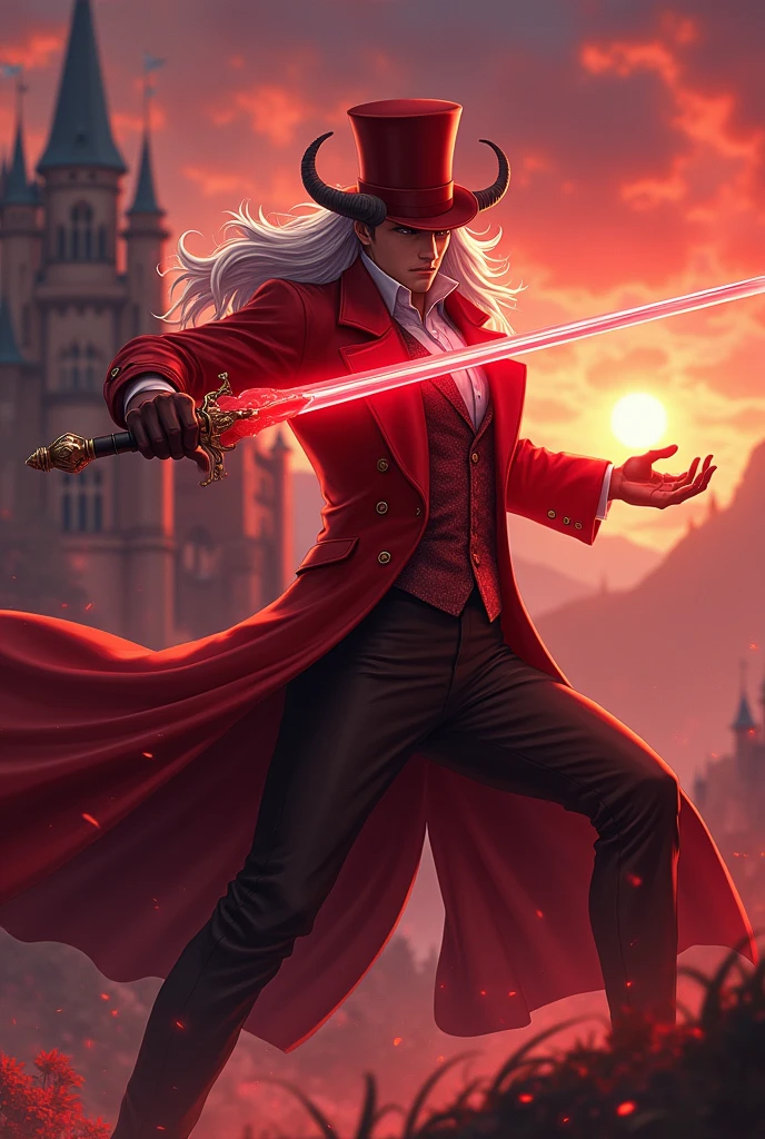 man, wearing red victorian coat, red hat, long curved horns sproutong on side of the cheeks, long silver hair, castel in background, sunset, long red glowing rapier, dueling pose, realistic, intricate details, warm colors, red mage, anime style