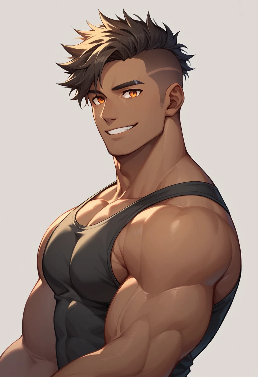 1boy, male focus, sidepec, muscular dark skinned male, muscular, bara, upper body, solo, smiling, short hair, undercut, black messy hair, orange eyes, simple background, best quality, amazing quality, best aesthetic
