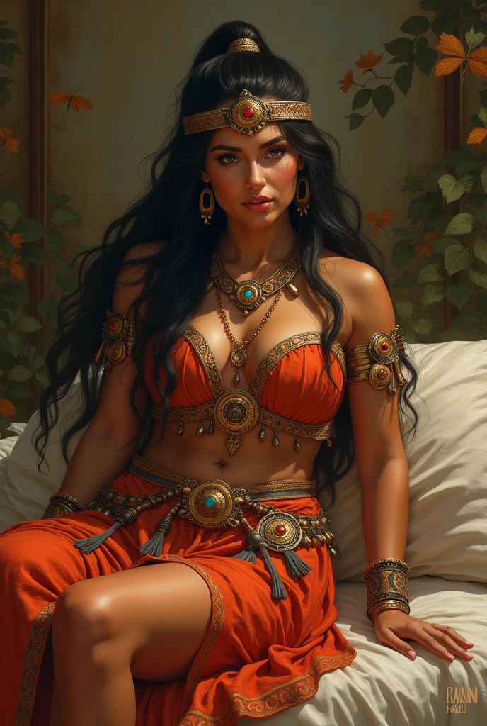 Araffe woman in asi dress (lying) on (bed) , Pocahontas, retrato de un joven Pocahontas, smiling, big breasts, strong hips, curvilinear.retrato de Pocahontas, warrior dress, warrior woman, warrior princess, amazon warrior, cave woman , dwayne johnsonas wonder woman, aztec warrior goddess, una hermosa warrior woman, native american, tribal clothing, aztec princess portrait